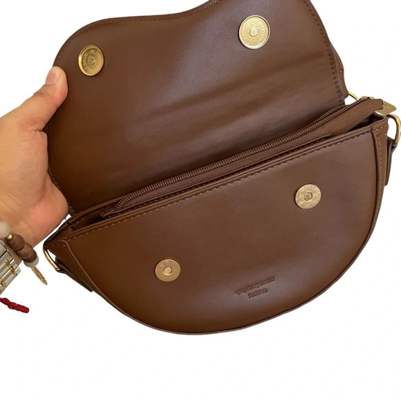 Vegan Leather Crescent Shoulder handbag with Adjustable Guitar Strap Brown - Picture 5 of 10
